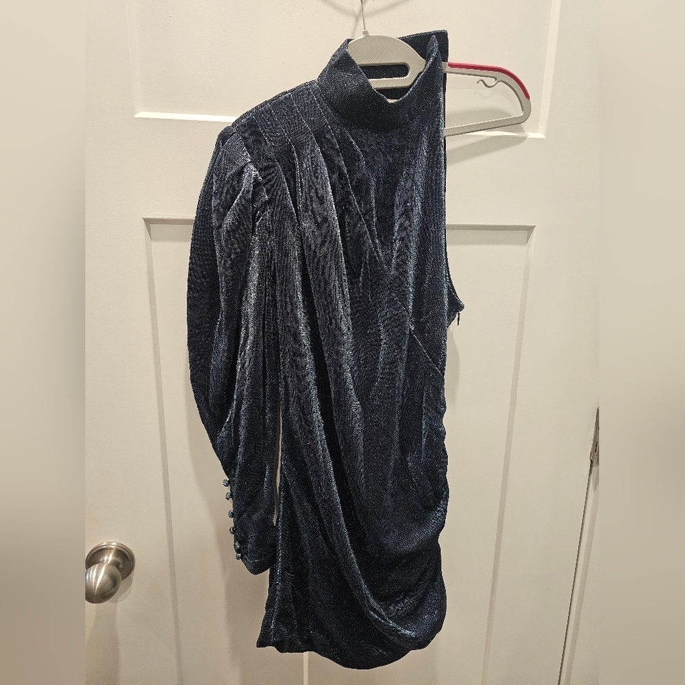 ✨ Choosy Metallic Blue One-Shoulder Draped Mini Dress NWT – Size Small